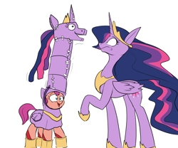 Size: 2400x2000 | Tagged: safe, artist:rocket-lawnchair, character:sunny starscout, character:twilight sparkle, character:twilight sparkle (alicorn), species:alicorn, species:earth pony, species:pony, g4, g5, :s, clothing, cosplay, costume, crown, duo, female, height difference, hoof shoes, jewelry, long mane, long neck, long tail, mare, necc, necklace, older, older twilight, open mouth, open smile, peytral, princess twilight 2.0, profile, raised hoof, regalia, shocked, shocked expression, shoes, shrunken pupils, simple background, slim, smiling, sunny and her heroine, surprised, surprised face, tail, tall, the burdened, wavy mouth, white background