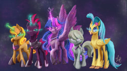 Size: 900x506 | Tagged: safe, artist:lmkyouki, character:princess skystar, character:tempest shadow, character:twilight sparkle, character:twilight sparkle (alicorn), oc, oc:moonflower, oc:zipzee, species:alicorn, species:bat pony, species:changeling, species:classical hippogriff, species:earth pony, species:hippogriff, species:pony, species:unicorn, g4, my little pony: the movie (2017), armor, bat pony oc, changeling oc, fanfic art, female, goddess, group, hooves, horn, mare, non-pony oc, smiling, smirk, sombra eyes, spread wings, stars, wings