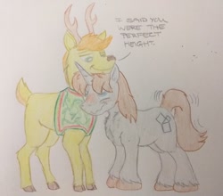 Size: 1280x1126 | Tagged: safe, artist:hoofclid, character:braeburn, oc, oc:hoofclid, species:deer, species:pony, species:unicorn, series:noodleverse, g4, alternate universe, apple family member, canon x oc, gay, male, nuzzling, shipping, species swap, stag, tail, tail wag, whitetail deer