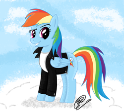 Size: 2000x1800 | Tagged: safe, artist:iamaveryrealperson, character:rainbow dash, species:pegasus, species:pony, g4, clothing, cloud, digital art, eyebrows, female, jacket, looking at you, mare, on a cloud, shirt, signature, sky, smiling, smirk, solo, t-shirt, three quarter view