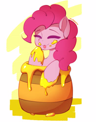 Size: 1692x2160 | Tagged: safe, artist:tatar.sauce, character:pinkie pie, species:earth pony, species:pony, g4, abstract background, colored eyebrows, eyebrows, eyes closed, female, food, honey, huevember, mare, signature, solo