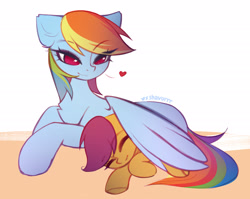 Size: 2710x2160 | Tagged: safe, artist:tatar.sauce, character:rainbow dash, character:scootaloo, species:pegasus, species:pony, g4, abstract background, chest fluff, cute, eye clipping through hair, eyebrows, eyebrows visible through hair, eyes closed, female, filly, floating heart, foal, heart, hug, lying down, mare, no pupils, on side, prone, scootalove, signature, simple background, smiling, wing blanket, winghug, wings, young
