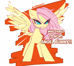 Size: 2437x2160 | Tagged: safe, artist:tatar.sauce, character:fluttershy, species:pegasus, species:pony, g4, abstract background, angry, dialogue, eye clipping through hair, eyebrows, eyebrows visible through hair, female, gritted teeth, huevember, implied angel bunny, mare, no pupils, signature, simple background, solo, spread wings, text, this will end in pain, this will end in pain and/or death, wings