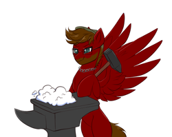 Size: 2713x2156 | Tagged: safe, artist:confetticakez, oc, oc:dr. romulus, species:pegasus, species:pony, anvil, beard, blacksmith, chain necklace, clothing, cloudsmith, facial hair, flatcap, glasses, hammer, hat, jewelry, necklace, outstretched wings, simple background, solo, standing, white background
