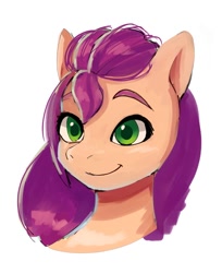 Size: 646x790 | Tagged: safe, artist:plusplus_pony, character:sunny starscout, species:earth pony, species:pony, g5, bust, colored eyebrows, colored pupils, eyebrows, female, mare, portrait, simple background, sketch, smiling, solo, three quarter view, white background