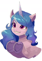 Size: 1086x1549 | Tagged: safe, artist:plusplus_pony, character:izzy moonbow, species:pony, species:unicorn, g5, colored eyebrows, cute, eyebrows, female, gradient hair, grin, heart, heart hoof, izzybetes, mare, multicolored hair, simple background, smiling, solo, teeth, three quarter view, underhoof, white background