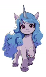 Size: 1064x1757 | Tagged: safe, artist:plusplus_pony, character:izzy moonbow, species:pony, species:unicorn, g5, bracelet, colored hooves, cute, eyebrows, eyebrows visible through hair, female, gradient hair, hooves, izzybetes, jewelry, looking at you, mare, multicolored hair, simple background, sketch, smiling, smiling at you, solo, unshorn fetlocks, white background