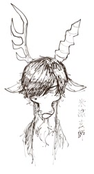 Size: 482x886 | Tagged: safe, artist:plusplus_pony, character:discord, species:draconequus, g4, alternate hairstyle, emo, emocord, front view, full face view, horn, japanese, kenshi yonezu, looking at you, serious, serious face, sketch, solo, unamused