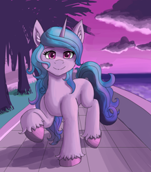 Size: 1400x1600 | Tagged: safe, artist:zachc, character:izzy moonbow, species:pony, species:unicorn, g5, cloud, cute, eyebrows, eyebrows visible through hair, female, gradient hair, izzybetes, looking at you, mare, multicolored hair, raised hoof, signature, smiling, smiling at you, solo