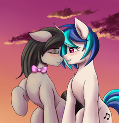 Size: 1500x1550 | Tagged: safe, artist:zachc, character:dj pon-3, character:octavia melody, character:vinyl scratch, species:earth pony, species:pony, species:unicorn, ship:scratchtavia, g4, blushing, bow tie, clothing, cloud, cute, duo, evening, eyebrows, eyes closed, female, floppy ears, lesbian, mare, profile, raised hoof, shipping, smiling