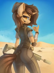Size: 1328x1794 | Tagged: safe, artist:anti1mozg, artist:mozganti, oc, oc only, species:anthro, species:unicorn, g4, anthro oc, ass, butt, desert, ear fluff, female, gun, looking at you, mare, profile, rifle, sand, sky, solo, tail, tail wrap, unicorn oc, weapon
