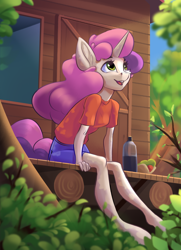 Size: 1448x2000 | Tagged: safe, artist:kittytitikitty, character:sweetie belle, species:anthro, species:unguligrade anthro, species:unicorn, g4, bottle, cheek fluff, clothing, cute, diasweetes, female, forest, mare, open mouth, sitting, solo, three quarter view, treehouse