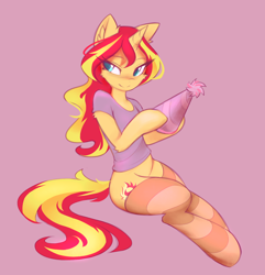 Size: 1714x1776 | Tagged: safe, artist:fajeh, character:sunset shimmer, species:pony, species:unicorn, g4, my little pony:equestria girls, aside glance, blushing, clothing, colored pupils, eyebrows, female, hat, hoof hold, lidded eyes, looking sideways, mare, party hat, pink background, semi-anthro, shirt, simple background, sitting, smiling, socks, solo, striped socks, thigh highs