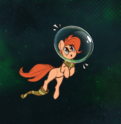 Size: 405x415 | Tagged: safe, artist:rexyseven, oc, oc:rusty gears, species:earth pony, species:pony, blushing, clothing, female, helmet, mare, open mouth, scarf, socks, solo, space, striped socks