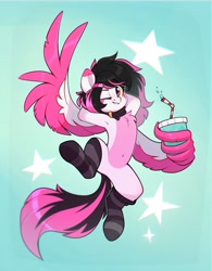 Size: 1516x1939 | Tagged: safe, artist:rexyseven, oc, oc only, species:pegasus, species:pony, art trade, belly button, chest fluff, clothing, collar, colored wings, cup, drink, drinking straw, eyebrows, female, mare, multicolored wings, one eye closed, simple background, socks, solo, spread wings, striped socks, wings