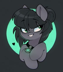 Size: 856x991 | Tagged: safe, artist:rexyseven, oc, oc only, species:earth pony, species:pony, bust, collar, cute, eyebrows, eyebrows visible through hair, female, gift art, looking sideways, mare, ocbetes, portrait, simple background, smiling, solo