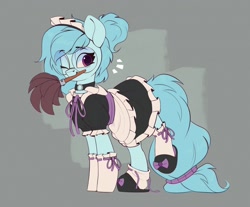 Size: 2270x1882 | Tagged: safe, artist:rexyseven, oc, oc only, oc:whispy slippers, species:earth pony, species:pony, clothing, duster, eyebrows, eyebrows visible through hair, female, french maid, glasses, gray background, holding, hooves, maid headdress, mare, mouth hold, one eye closed, one hoof raised, shoes, simple background, slippers, socks, solo, tail