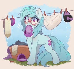 Size: 1509x1414 | Tagged: safe, artist:rexyseven, oc, oc only, oc:whispy slippers, species:earth pony, species:pony, basket, blushing, clothes line, clothing, cutie mark, embarrassed, embarrassed nude exposure, eyebrows, eyebrows visible through hair, female, holding, mare, mouth hold, shoes, slippers, socks, solo