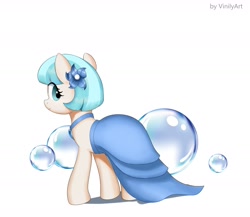 Size: 1744x1516 | Tagged: safe, artist:vinilyart, character:coco pommel, species:earth pony, species:pony, g4, blue dress, clothing, cocobetes, cute, dress, eyelashes, female, flower, flower in hair, jewelry, looking at you, looking back, looking back at you, mare, necklace, simple background, solo, white background