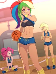 Size: 1200x1600 | Tagged: safe, artist:rockset, character:applejack, character:pinkie pie, character:rainbow dash, g4, basketball, black underwear, bra, clothing, crossed legs, eyebrows, eyebrows visible through hair, eyelashes, female, females only, gymnasium, ponytail, shoes, shorts, sitting, smiling, socks, sports bra, standing, tan lines, trio, trio female, underwear, wiping