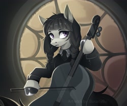 Size: 3543x2953 | Tagged: safe, artist:buvanybu, character:octavia melody, species:earth pony, species:pony, g4, bow (instrument), braid, cello, clothing, cosplay, costume, crossover, dress, musical instrument, ponified, solo, species swap, the addams family, wednesday (series), wednesday addams
