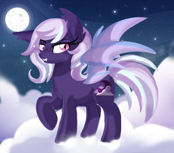 Size: 2805x2483 | Tagged: safe, artist:spookyle, oc, oc only, oc:spectra, species:bat pony, species:pony, g4, bat pony oc, cloud, fangs, female, looking at you, mare, moon, night, night sky, on a cloud, sharp teeth, signature, sky, solo, spread wings, wings