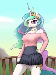 Size: 3000x4000 | Tagged: safe, artist:naen, character:princess celestia, species:alicorn, species:anthro, g4, bra, candy, clothing, crown, ear piercing, earring, female, food, happy, jewelry, lollipop, mare, miniskirt, mountain, off shoulder, off shoulder sweater, piercing, pleated skirt, regalia, scenery, skirt, smiling, solo, sweater, three quarter view, underwear, wingless, wingless anthro