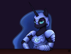 Size: 3000x2256 | Tagged: safe, artist:naen, character:nightmare moon, character:princess luna, species:alicorn, species:anthro, g4, armor, female, frown, high res, horn, looking at you, mare, nightmare moon is not amused, signature, simple background, solo, three quarter view, unamused, wingless, wingless anthro