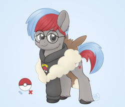 Size: 3695x3161 | Tagged: safe, artist:msaniiart, species:earth pony, species:pony, g5, blue background, cheek fluff, clothing, colored hooves, crossover, cute, cutie mark, ear fluff, female, glasses, hoodie, hooves, leg fluff, mare, nintendo, penny (pokémon), pokémon, pokémon scarlet and violet, ponified, signature, simple background, solo, species swap, unshorn fetlocks, video game