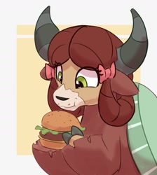 Size: 1801x2014 | Tagged: safe, artist:pabbley, character:yona, species:yak, g4, abstract background, bow, burger, cloven hooves, cute, eating, eye clipping through hair, female, food, hair bow, hoof hold, hooves, monkey swings, solo, three quarter view, yonadorable