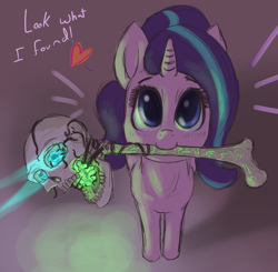 Size: 1450x1420 | Tagged: safe, artist:t72b, derpibooru original, character:starlight glimmer, species:pony, species:unicorn, g4, 2spooky, bone, cute, female, glimmerbetes, heart, holding, looking at you, looking up, looking up at you, magic, magic staff, mare, mouth hold, skull, solo, staff, talking to viewer, what could possibly go wrong