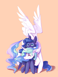 Size: 2048x2732 | Tagged: safe, artist:blue ink, derpibooru original, character:princess celestia, character:princess luna, species:alicorn, species:pony, g4, duo, duo female, eyebrows, eyebrows visible through hair, female, high res, pink background, royal sisters, shadow, siblings, simple background, sisters, smiling, spread wings, wings