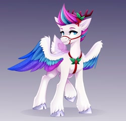 Size: 3071x2953 | Tagged: safe, artist:buvanybu, character:zipp storm, species:deer, species:pegasus, species:peryton, species:pony, g5, adorazipp, antlers, cloven hooves, colored eyebrows, colored hooves, colored wings, cute, deerified, ear fluff, eyebrows, female, gradient background, gray background, hooves, hybrid, leg fluff, looking at you, mare, multicolored wings, raised hoof, simple background, solo, species swap, three quarter view, unshorn fetlocks, wing fluff, wings