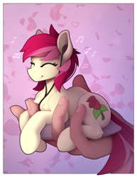 Size: 1500x1947 | Tagged: safe, artist:yakovlev-vad, character:roseluck, species:earth pony, species:human, species:pony, g4, behaving like a cat, chest fluff, cute, cuteluck, earbuds, eyes closed, female, hand, headphones, holding, holding a pony, in goliath's palm, lying down, mare, multicolored mane, music notes, prone, smiling, tail, three quarter view, tiny, tiny ponies, two toned mane, two toned tail