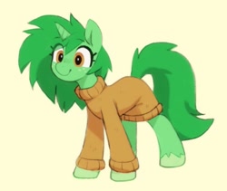 Size: 1203x1015 | Tagged: safe, artist:orchidpony, part of a set, oc, oc only, oc:pisty, species:pony, species:unicorn, g4, clothing, cute, female, freckles, mare, not wallflower blush, ocbetes, simple background, solo, sweater, three quarter view, unicorn oc, unshorn fetlocks, yellow background