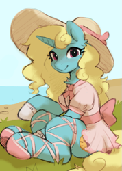 Size: 583x821 | Tagged: safe, artist:orchidpony, derpibooru original, oc, oc only, oc:seafoam breeze, species:pony, species:unicorn, g4, clothing, cottagecore, cute, dress, eyebrows, eyebrows visible through hair, female, grass, hat, looking at you, mare, ocbetes, solo, sun hat