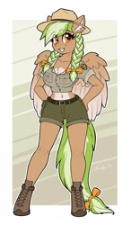 Size: 1832x3128 | Tagged: safe, artist:dandy, oc, oc only, oc:sylvia evergreen, species:anthro, species:pegasus, species:pony, species:unguligrade anthro, belly button, belt, boots, braided pigtails, breasts, busty oc, chest fluff, clothing, cute, ear fluff, eyebrows, eyebrows visible through hair, female, freckles, hat, hiking boots, looking sideways, mare, midriff, ocbetes, ribbon, shoes, shorts, simple background, solo, wings