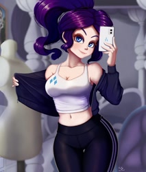 Size: 852x1000 | Tagged: safe, artist:the-park, character:rarity, species:human, g4, belly button, carousel boutique, cellphone, clothing, eyebrows, eyelashes, female, humanized, jacket, looking at you, midriff, open clothes, pants, phone, selfie, sexy, smartphone, smiling, solo, species swap, stupid sexy rarity, tank top, wide hips