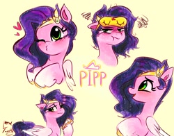 Size: 1368x1074 | Tagged: safe, artist:petaltwinkle, character:pipp petals, species:pegasus, species:pony, g5, adorapipp, cellphone, cute, female, heart, mare, one eye closed, open mouth, open smile, phone, pipp petals is not amused, pipp wings, simple background, sleep mask, smartphone, smiling, solo, unamused, wink, yellow background