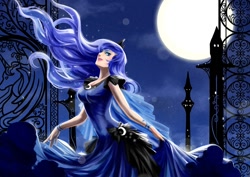Size: 1000x707 | Tagged: safe, artist:heavelle, character:princess luna, species:human, g4, clothing, dress, female, human coloration, humanized, moon, night, solo, species swap