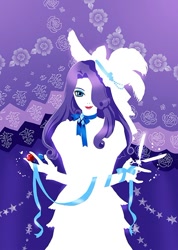 Size: 500x703 | Tagged: safe, artist:heavelle, character:rarity, species:human, g4, abstract background, clothing, dress, gem, hair over one eye, hat, humanized, scissors, solo, species swap, sun hat