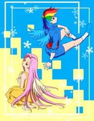 Size: 500x644 | Tagged: safe, artist:heavelle, character:fluttershy, character:rainbow dash, species:human, g4, abstract background, female, human coloration, humanized, kneeling, profile, sitting, species swap, winged humanization, wings