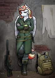 Size: 1614x2283 | Tagged: safe, artist:apocheck13, oc, oc only, species:alicorn, species:anthro, species:plantigrade anthro, species:pony, fallout equestria, backpack, boots, clothing, commission, crossover, explicit source, eyebrows, eyelashes, fallout, female, folded wings, gun, horn, implied nightmare moon, knife, leaning, looking at you, mare, military, military uniform, pants, pipbuck, rifle, shoes, solo, uniform, weapon, wings