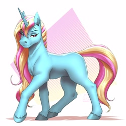 Size: 4000x4000 | Tagged: safe, artist:mykegreywolf, oc, oc only, oc:jewel, species:pony, species:unicorn, abstract background, eyebrows, eyelashes, female, looking at you, looking sideways, mare, simple background, smiling, solo