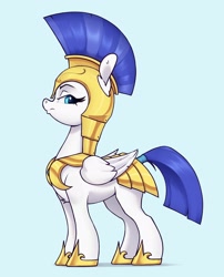 Size: 2405x2980 | Tagged: safe, artist:aquaticvibes, species:pegasus, species:pony, armor, blue background, clothing, female, folded wings, frown, helmet, hoof shoes, looking back, mare, royal guard, royal guard armor, shoes, simple background, solo, tail, tail wrap, wings