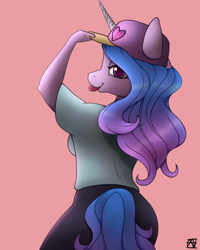 Size: 2000x2500 | Tagged: safe, artist:naen, character:izzy moonbow, species:anthro, species:unicorn, g5, baseball cap, blep, cap, clothing, female, gradient hair, hat, izzy the rapper, leggings, looking at you, looking back, looking back at you, mare, multicolored hair, pink background, profile, shirt, signature, simple background, solo, t-shirt, tongue out