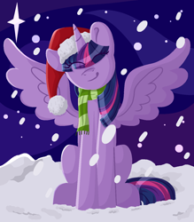 Size: 1196x1368 | Tagged: safe, artist:lindasaurie, character:twilight sparkle, character:twilight sparkle (alicorn), species:alicorn, species:pony, g4, christmas, clothing, eye clipping through hair, eyes closed, female, hat, head tilt, holiday, lineless, mare, night, night sky, santa hat, scarf, sitting, sky, smiling, snow, snowfall, solo, spread wings, starry sky, striped scarf, wings