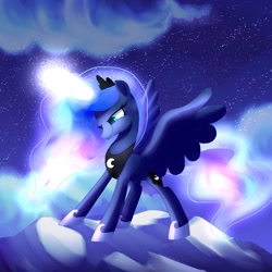 Size: 1200x1200 | Tagged: safe, artist:andromedasparkz, character:princess luna, species:alicorn, species:pony, g4, clothing, cloud, crown, female, glowing, glowing horn, glowing mane, glowing tail, hoof shoes, horn, jewelry, magic, magic aura, mare, necklace, night, night sky, peytral, regalia, shoes, sky, solo, spread wings, starry night, stars, wings