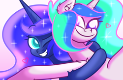 Size: 6000x3900 | Tagged: safe, artist:iceflower99, character:princess celestia, character:princess luna, species:alicorn, species:pony, g4, ear fluff, eye clipping through hair, female, floating heart, freckles, heart, hug, mare, missing accessory, one eye closed, shoulder fluff, shoulder freckles, siblings, sisters, smiling, video at source, video in description, wholesome