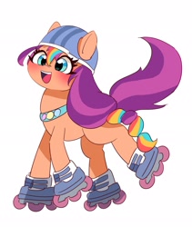 Size: 1729x2048 | Tagged: safe, artist:leo19969525, character:sunny starscout, species:earth pony, species:pony, g5, blushing, clothing, cute, cyan eyes, female, hair, hat, mane, mare, open mouth, open smile, roller skates, simple background, smiling, solo, sunnybetes, tail, white background